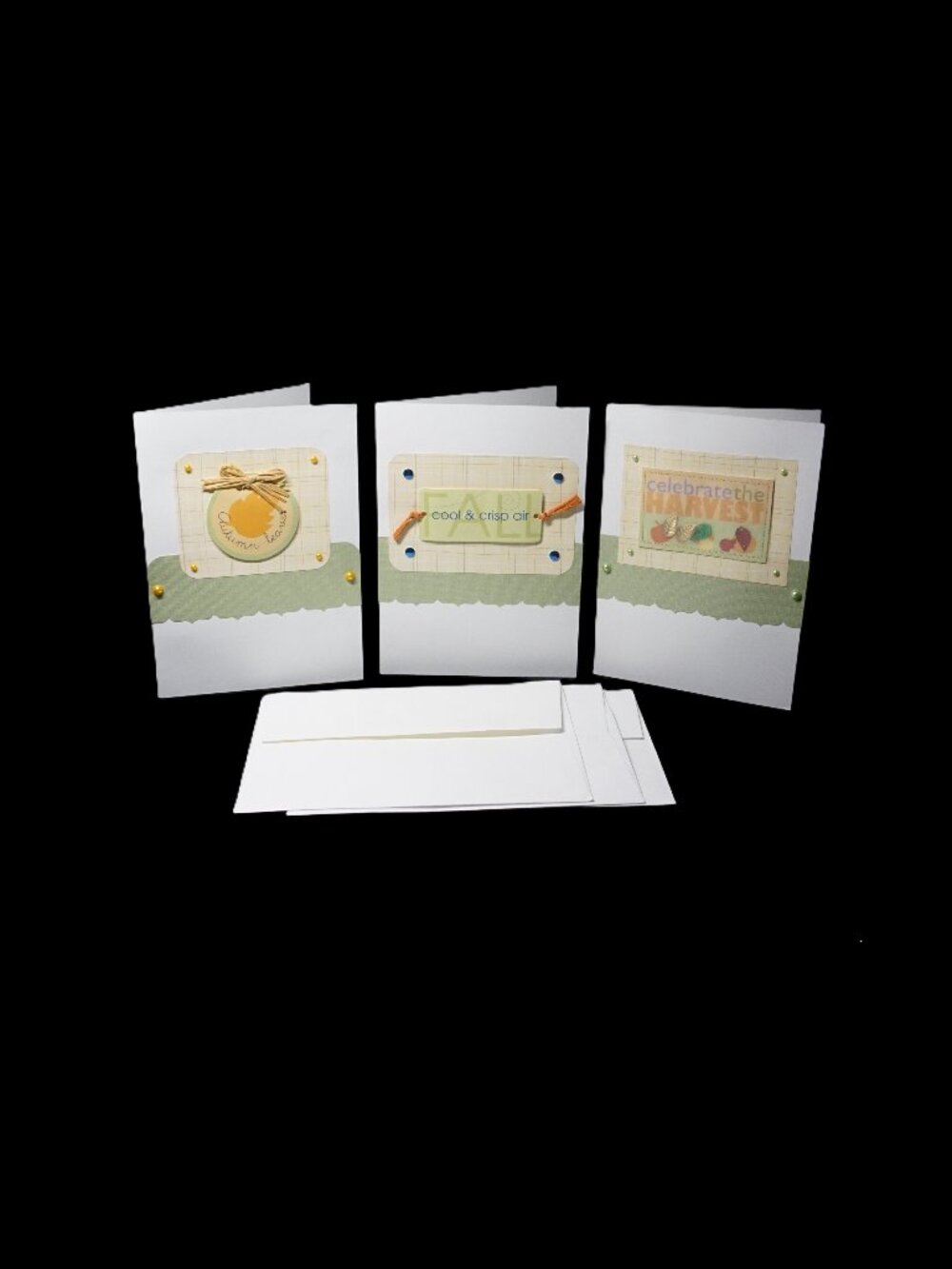 3 Handmade Happy Thanksgiving Card Set with Beige and Green Embellishments